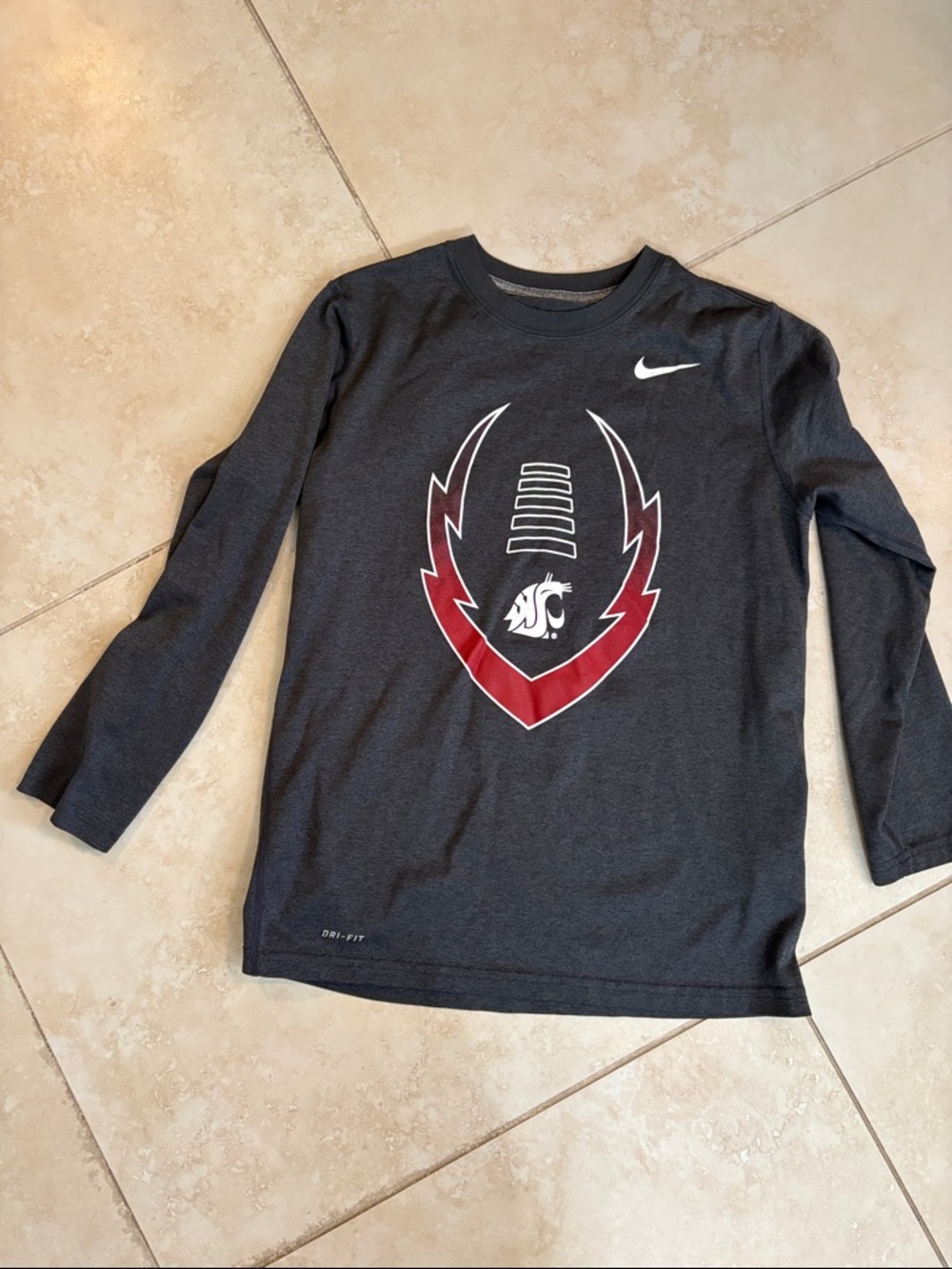 Nike Youth Charcoal Long-Sleeve Football Tee-Washington State University Cougars